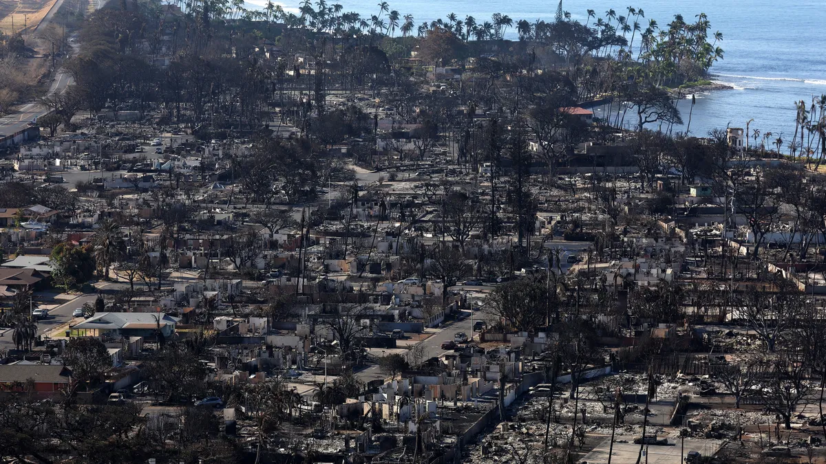 Aerial view of wildfire damage shows grey and black burn out buildings with blue ocean in the background.