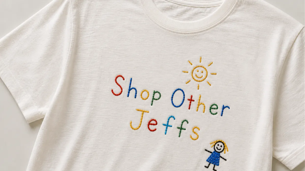 A white shirt with multi-colored lettering saying "Shop Other Jeffs"