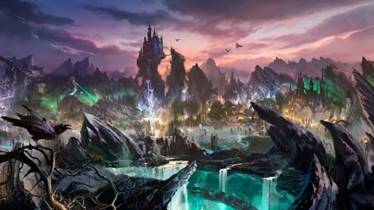 A rendering depicts jagged, dark stones in an ominous theme park setting.