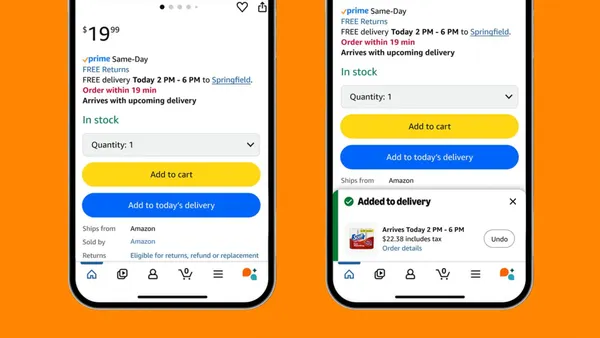Two screenshots of an Amazon add to delivery function button