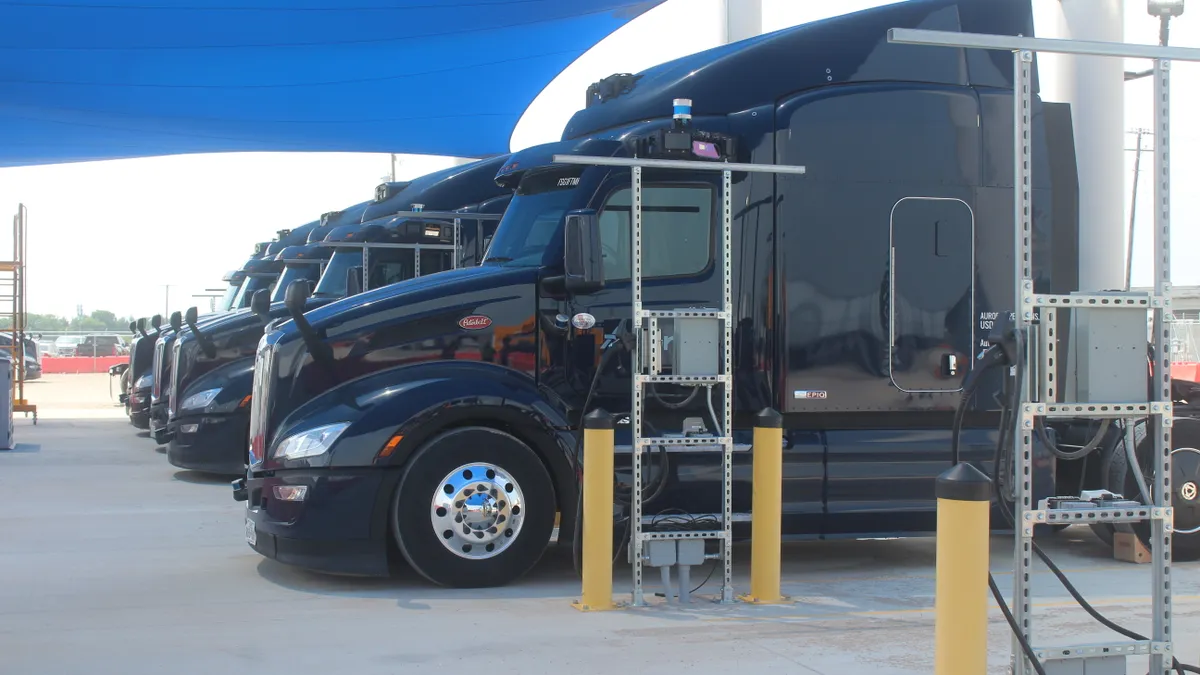 Autonomous trucks at Aurora's terminal in Palmer, Texas.