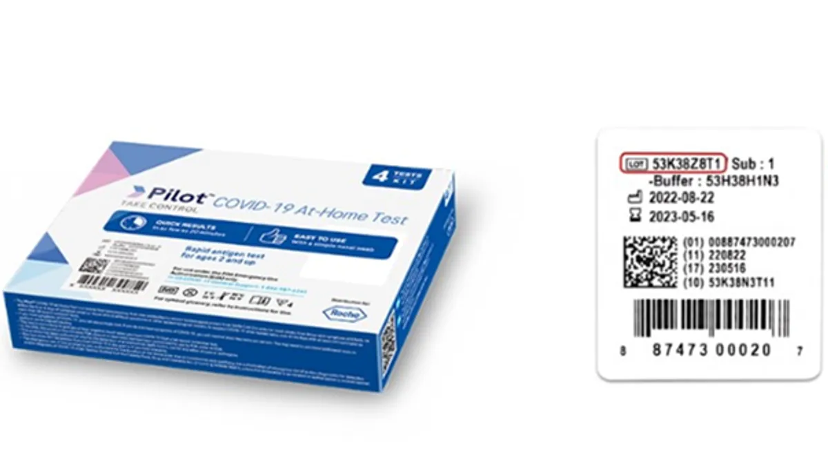 A box says "Pilot COVID-19 at home test" and a close up of a label shows the lot number at the top.