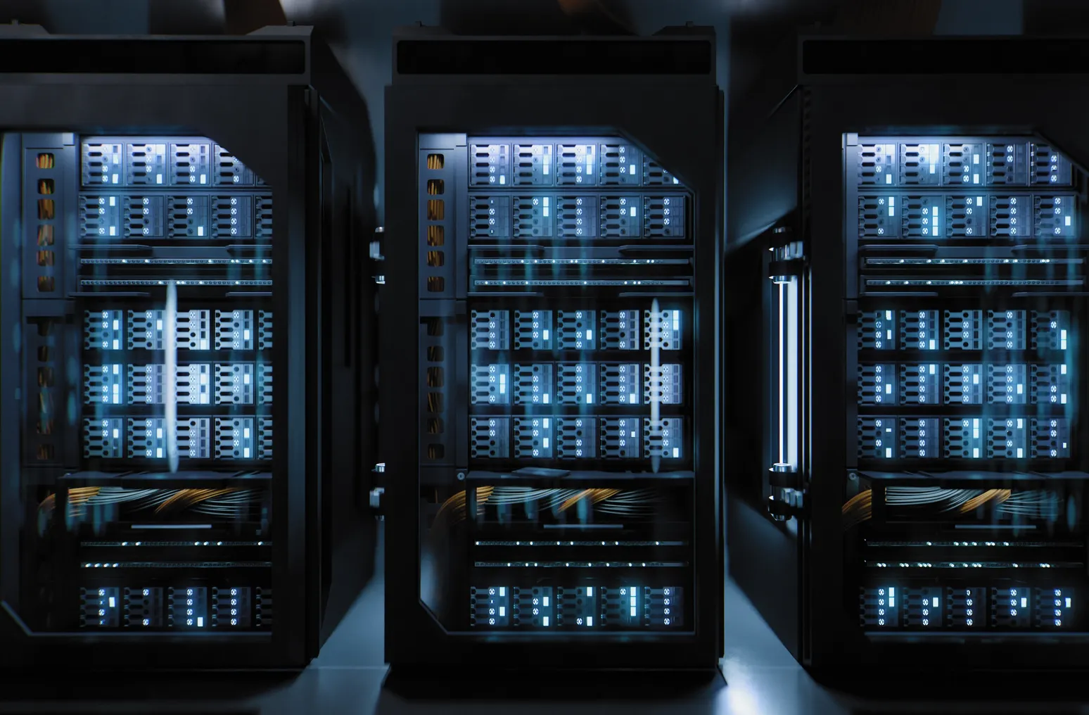 A large hallway with supercomputers inside a server room at a cloud data center