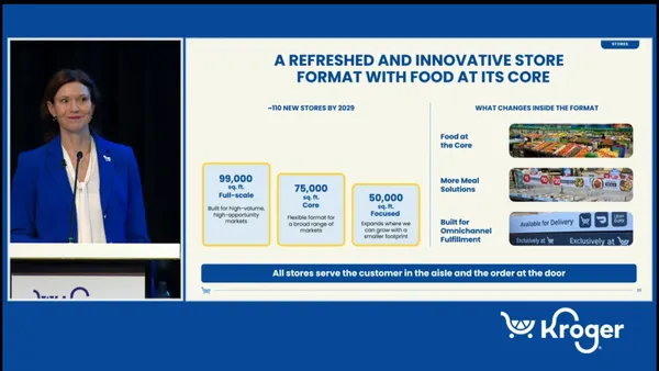 Screenshot of a woman in a royal blue blazer speaking with a slideshow about Kroger's new store formats