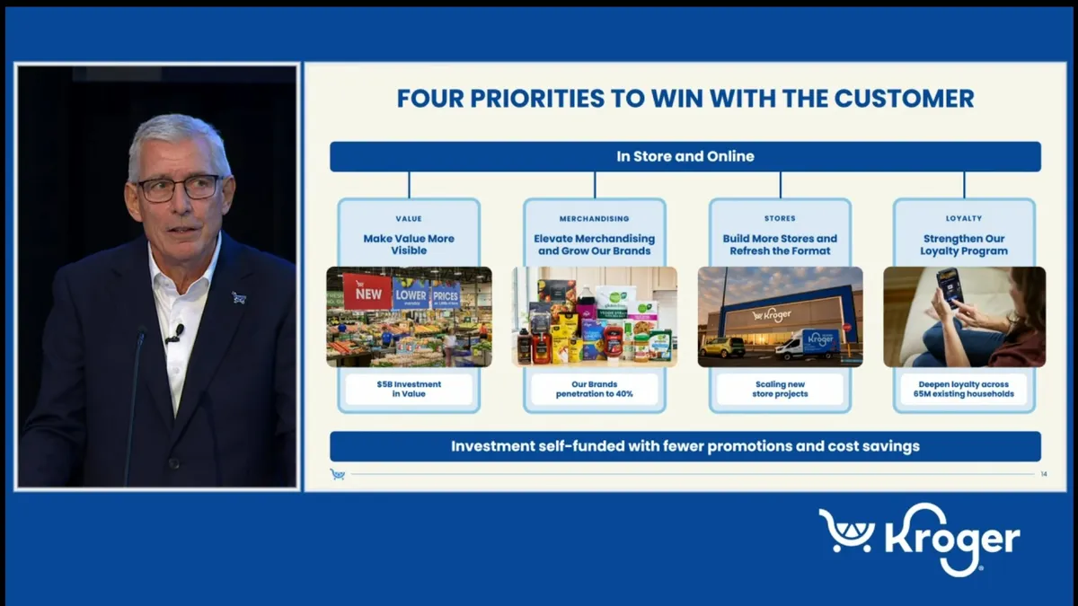 Screenshot of a man (left) speaking about ways Kroger can bring value to customers