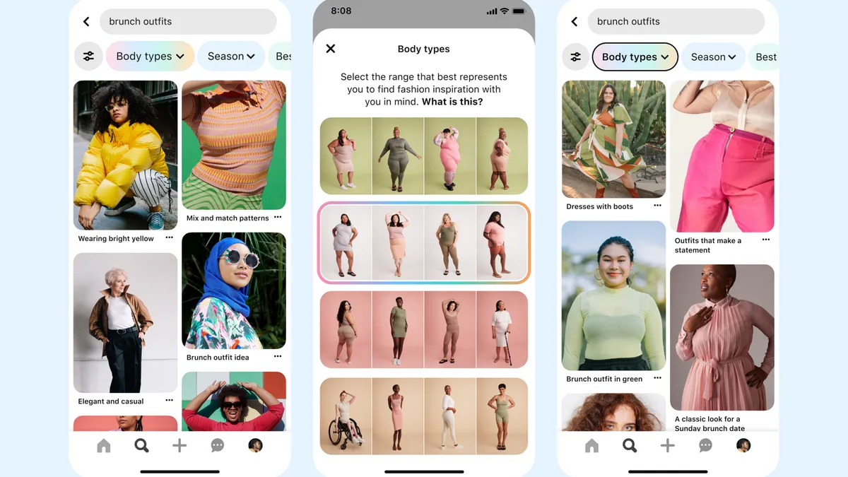 Three mobile screenshots showing how Pinterest users can search using a body type filter.