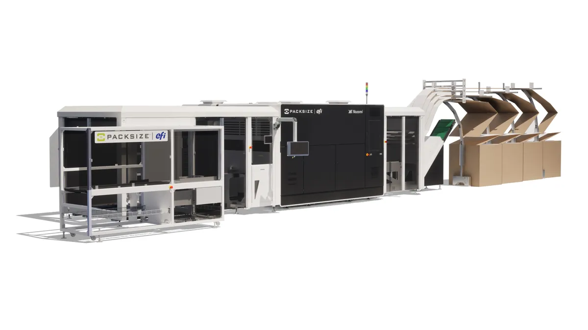 An industrial printing and box-making machine bears branding from EFI and Packsize.