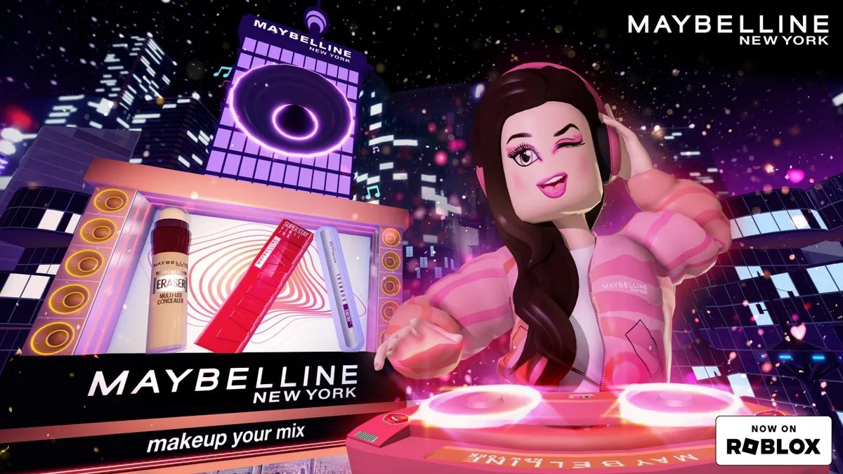 A Roblox avatar in Maybelline's virtual space.