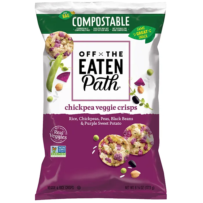 A bag of Off the Eaten Path chips with compostability messaging printed on the bag.