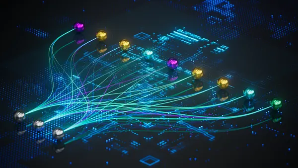 Blue threads moving from silver marbles to colored marbles