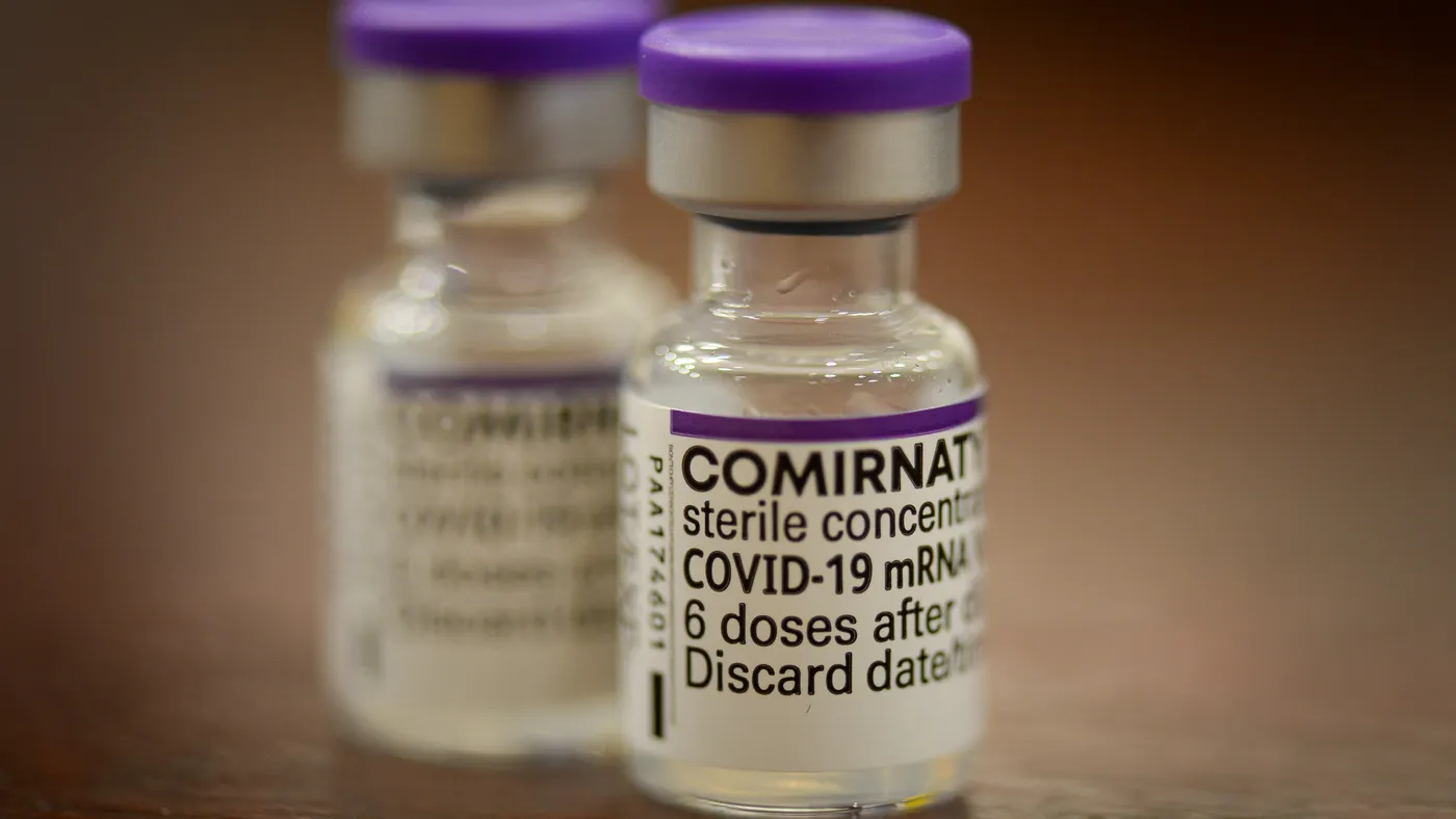 A close up of the Pfizer BioNTech vaccine on December 23, 2021 in Poole, England.