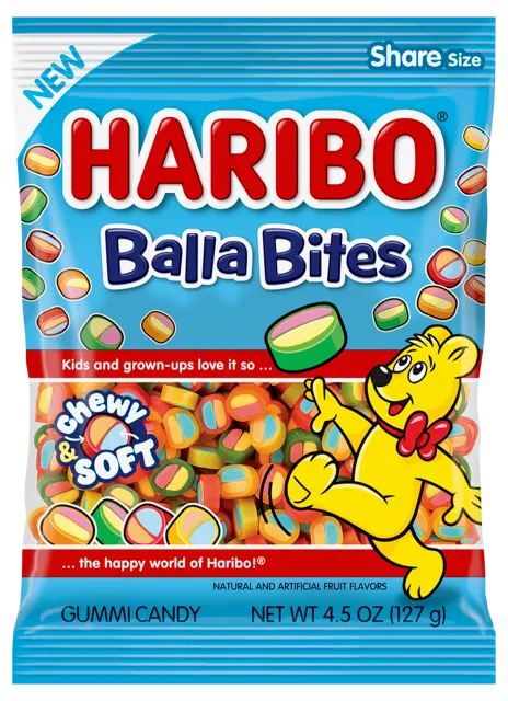 A picture of a bag of candy. The bag shows a yellow bear in a red bow and images of the candy, with the words "Haribo Balla Bites. Kids and grown-ups love it so... chewy and soft."