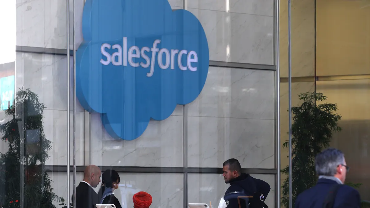 A sign is posted at Salesforce headquarters on February 28, 2024 in San Francisco, California.