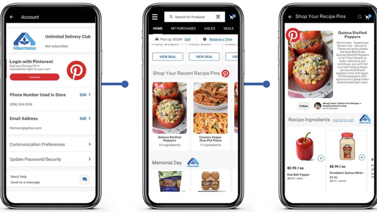 Screens showing Albertsons-branded content on Pinterest mobile app