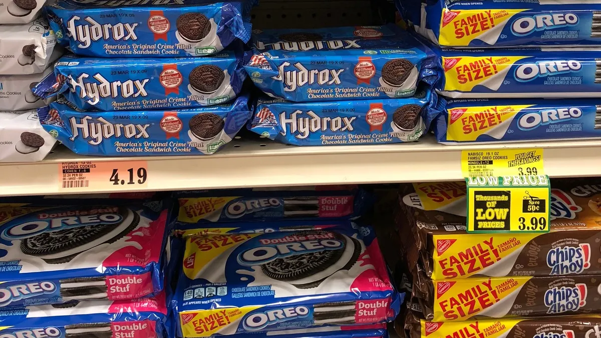 Hydrox cookies at a grocery store next to Oreo.