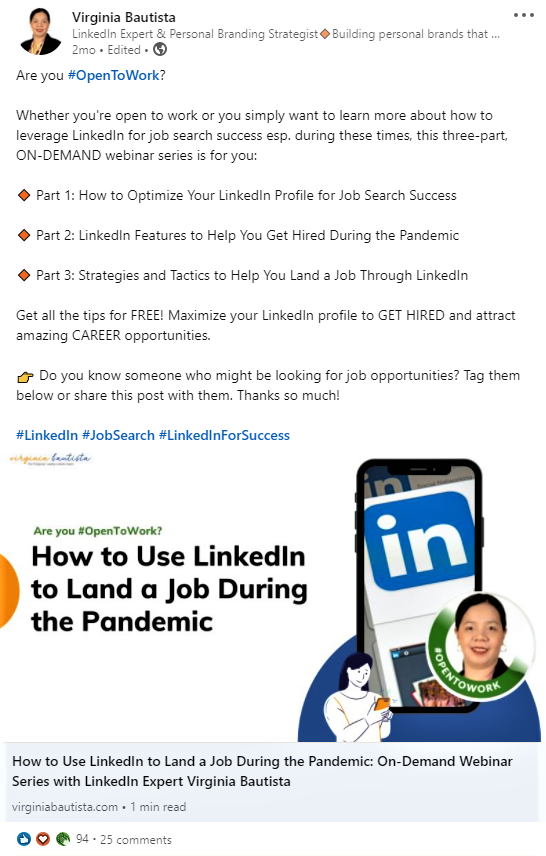 #AreYouOpenToWork - LinkedIn Post by Virginia Bautista