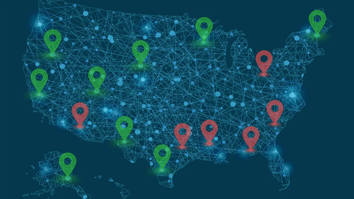 Vector map of United States map of America with glowing points and red and green pointers.