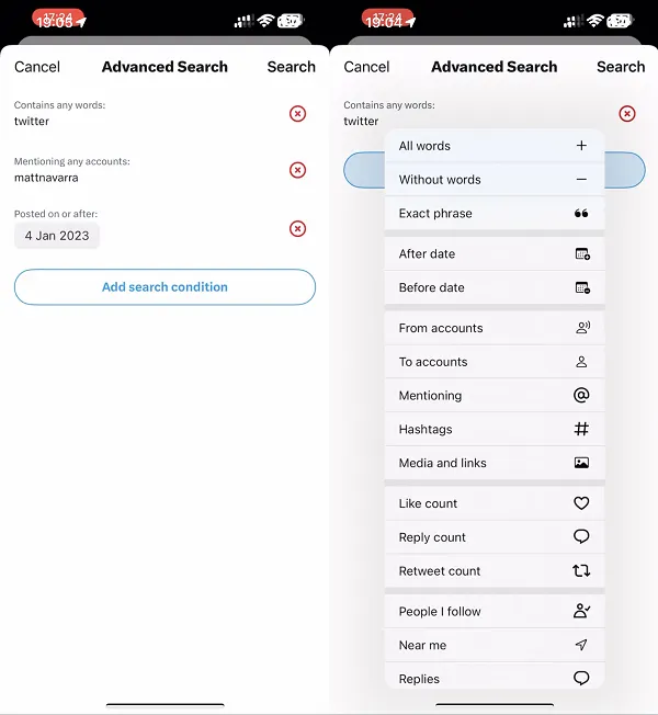 Twitter advanced search on mobile