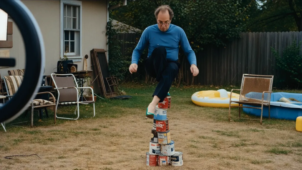 An AI-generated image of a man wearing a blue sweater attempting to stand on a tower made of cans in a backyard while wearing heals.