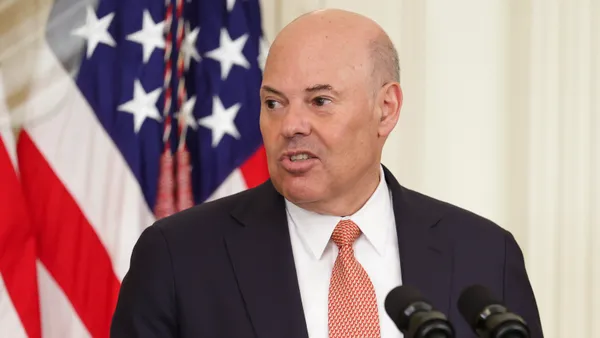 Louis DeJoy, U.S. Postal Service Postmaster General, speaks at the unveiling of the Nancy Reagan stamp, in the East Room at the White House on June 6, 2022 in Washington, DC.