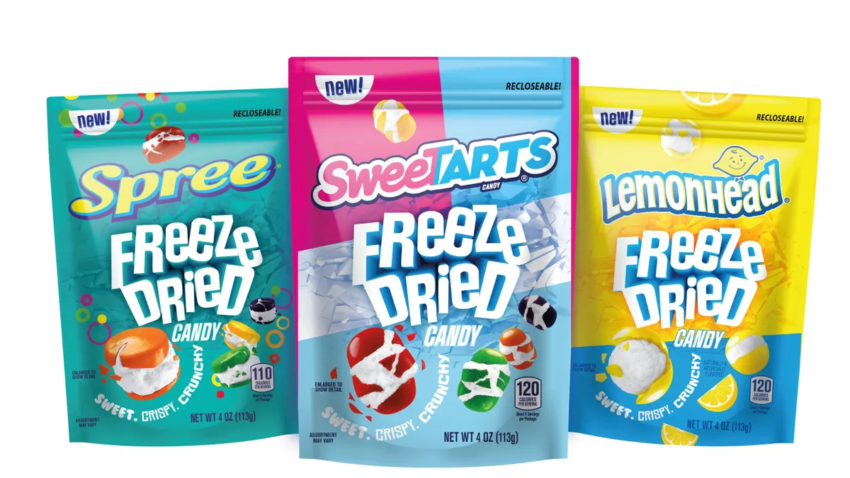 Packages of Ferrara's freeze-dried version of Sweetarts, Lemonhead and Sprees.