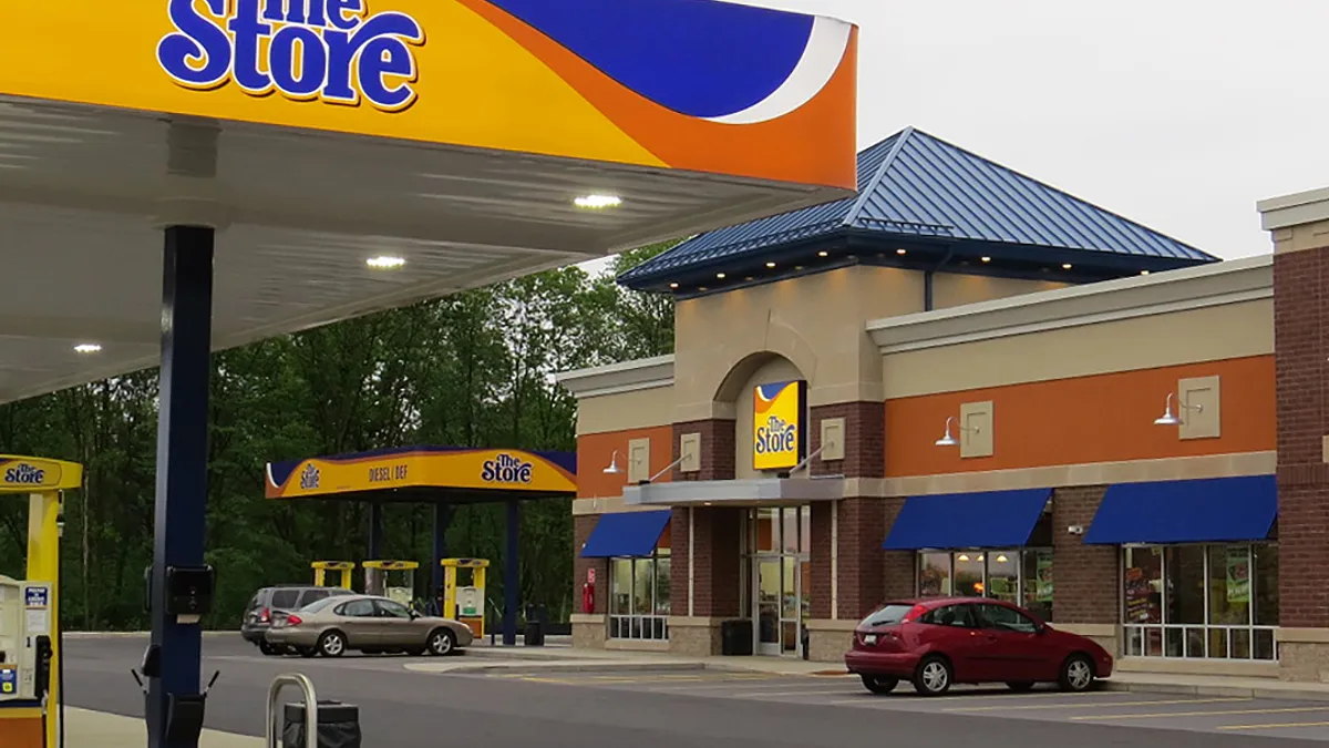 A photo showing the exterior of a convenience store. The fuel canopies, gs pumps and a sign on the store all say "The Store."