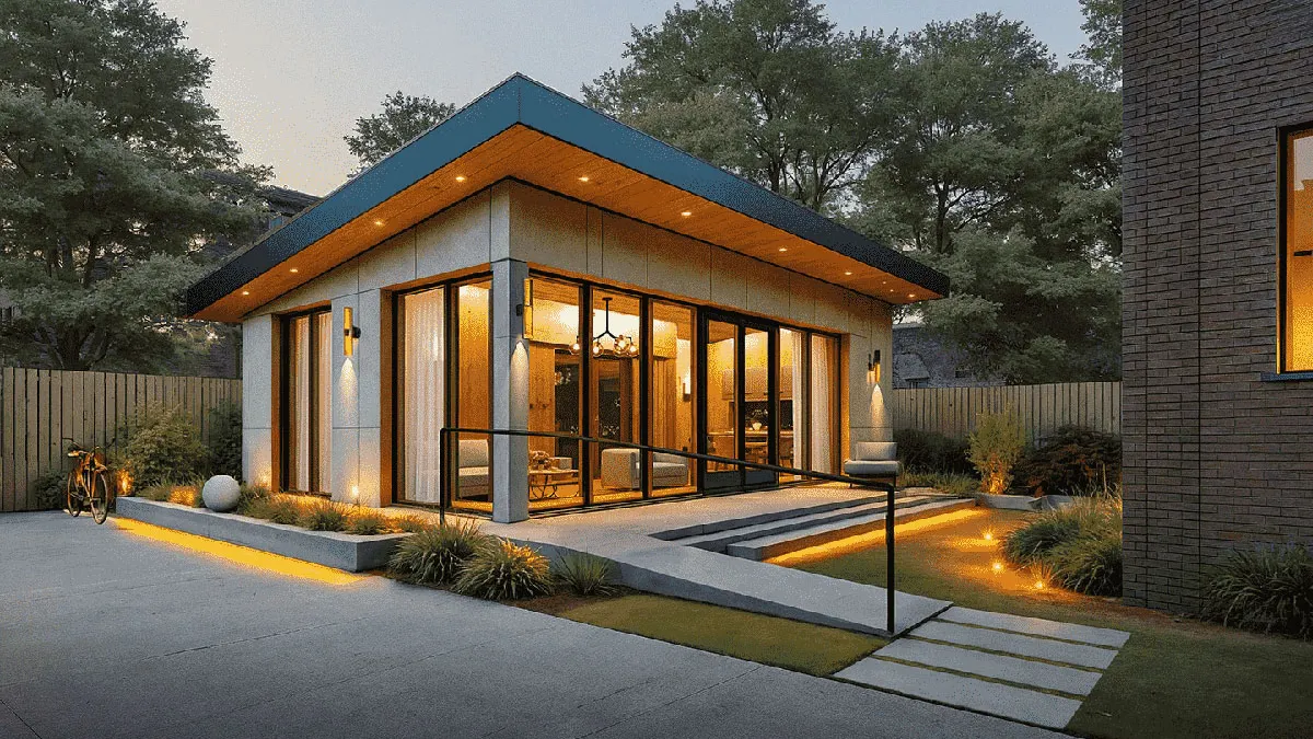 A small one-room building in the backyard of a larger brick building.