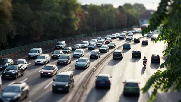 Rush hour traffic on an urban four lane road in two directions.