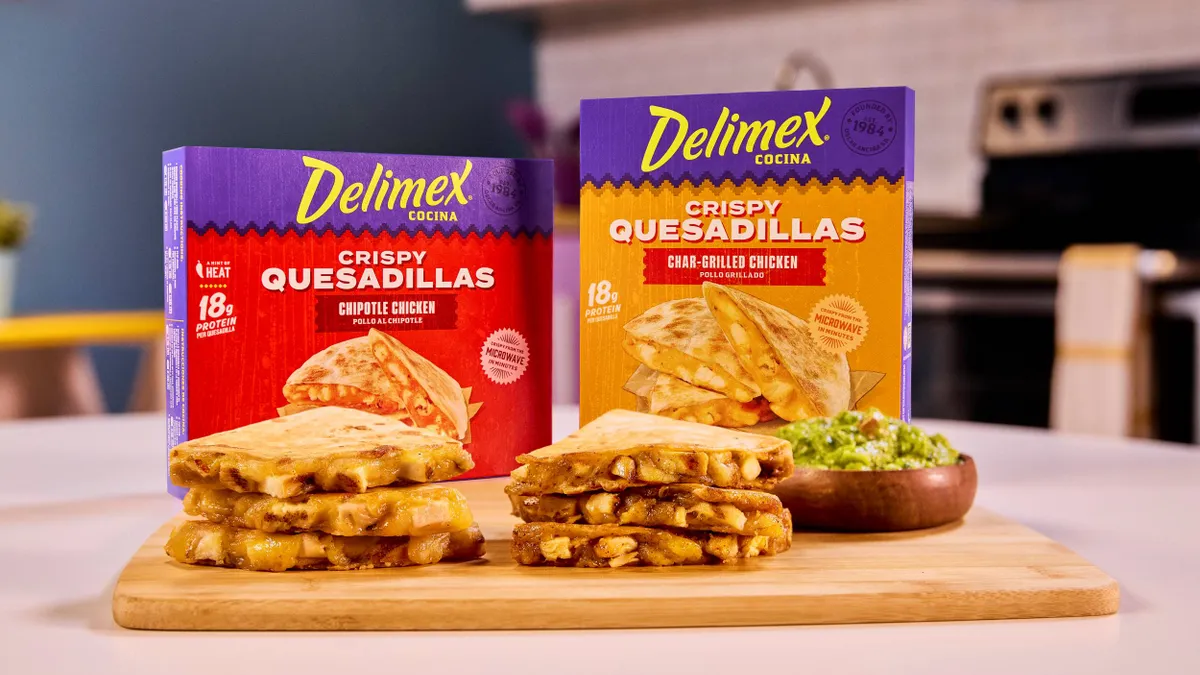 Two boxes of Delimex Crispy Quesadillas sit on a kitchen countertop