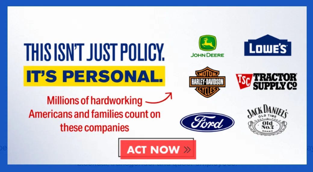 A pop up advertisement on the Human Rights Campaign website lists companies that have rolled back DEI campaigns and asks for public donations.