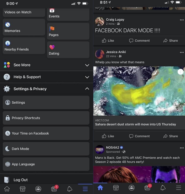 Facebook dark mode on iOS