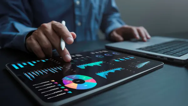 An analyst uses a computer and dashboard for data business analysis and data management system with KPI and metrics connected to the database for technology finance, operations, sales, marketing.