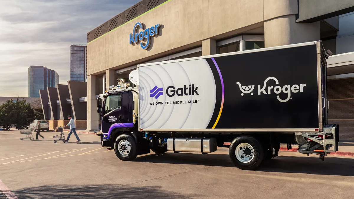 A Gatik truck outside a Kroger grocery store.