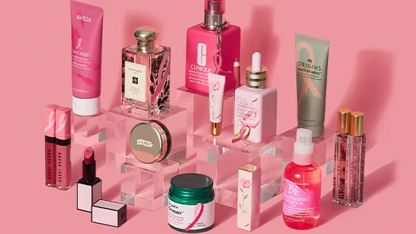The Estée Lauder Cos. products on a pink background.