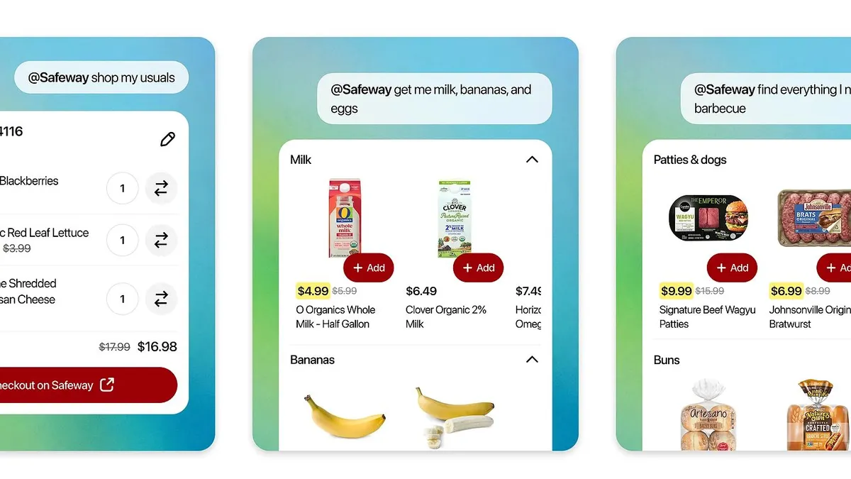 Three image panels showing how shoppers can use Albertsons new Safeway plugin in ChatGPT