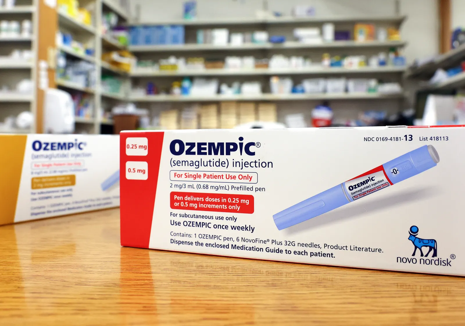 Boxes of the diabetes drug Ozempic are seen on a pharmacy counter.