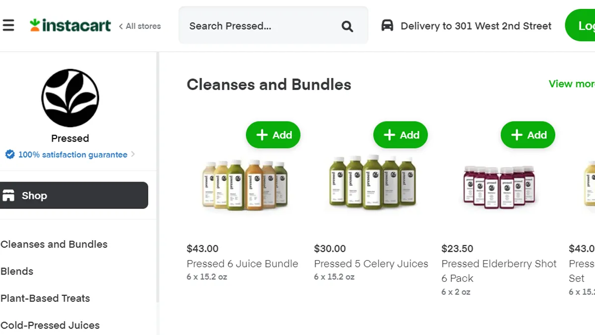 Juice bundles from Pressed available on Instacart