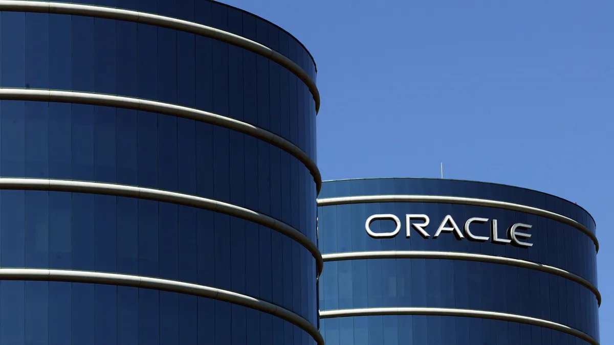 The building of Oracle headquarters under a blue sky