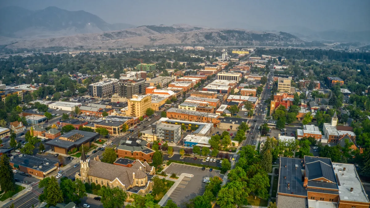 An aerial shot of Bozeman, Montana in summertime.