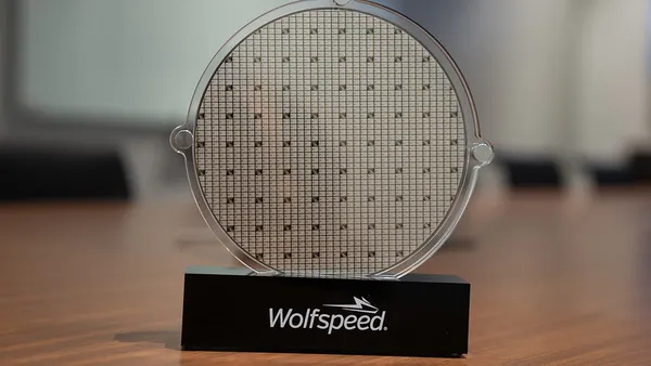 Wolfspeed's 200 mm wafer is seen on display.