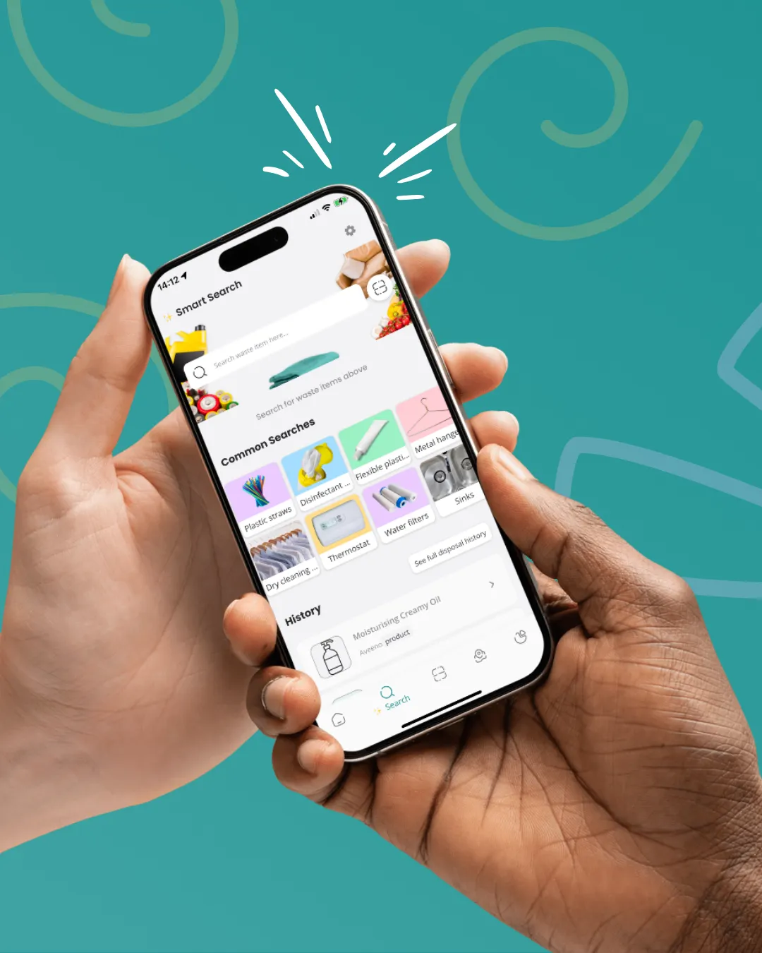 a hand holding a smartphone with the Scrapp app on screen.