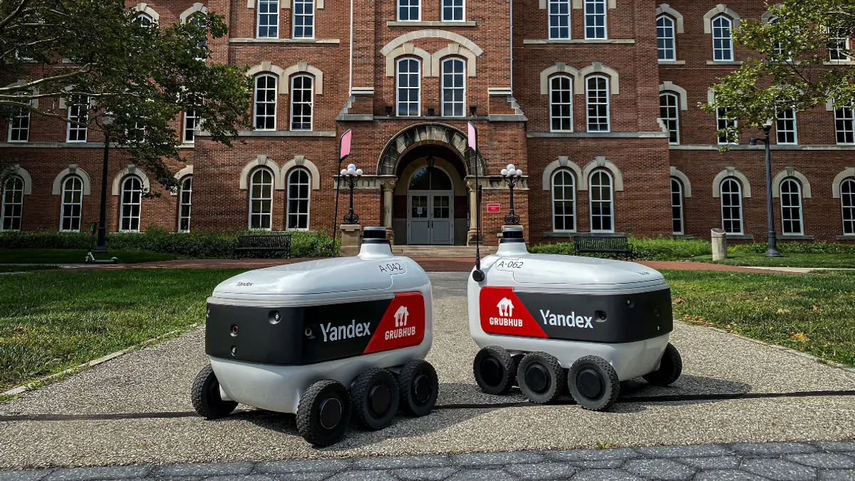 Grubhub and Yandex deployed Yandex's delivery robots to Ohio State University campus in August 2021 as part of a partnership to offer delivery of on-campus food to students.