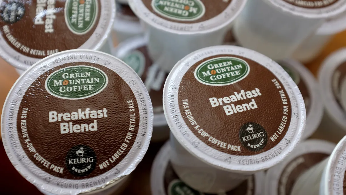 Close-up view of legacy Keurig Green Mountain single-serve K-Cup coffee pods.