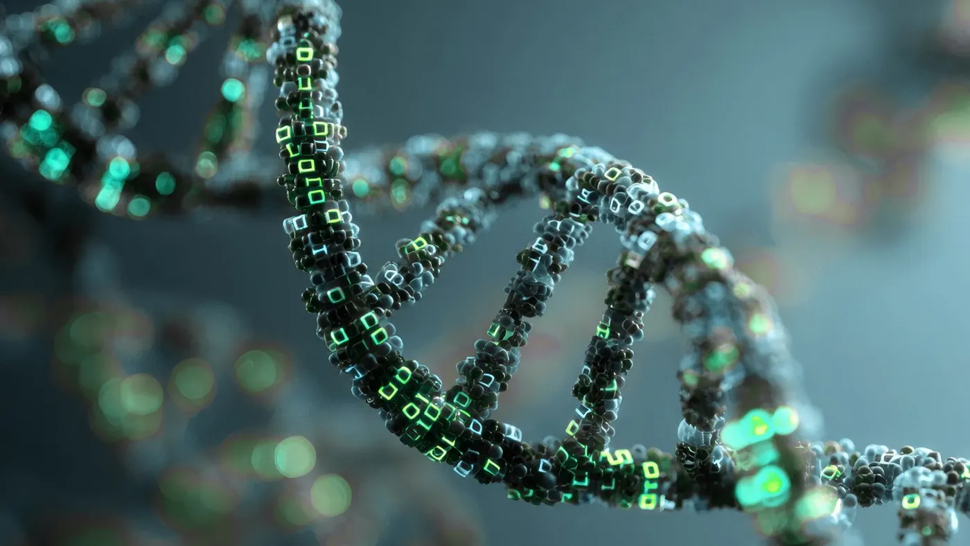 3d render deoxyribonucleic acid with digital binary code blending technology molecular