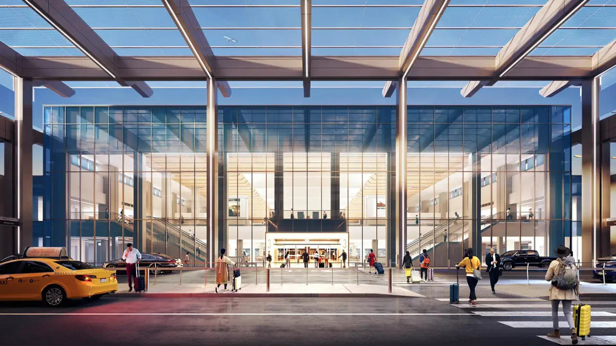 A rendering of Omaha's Eppley Airfield. A new, glass-covered entrance and paved road linger out front.