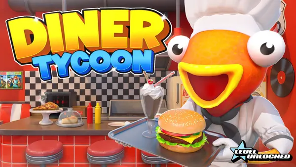 A video game character holds a tray with a milkshake and burger on it in a diner setting.