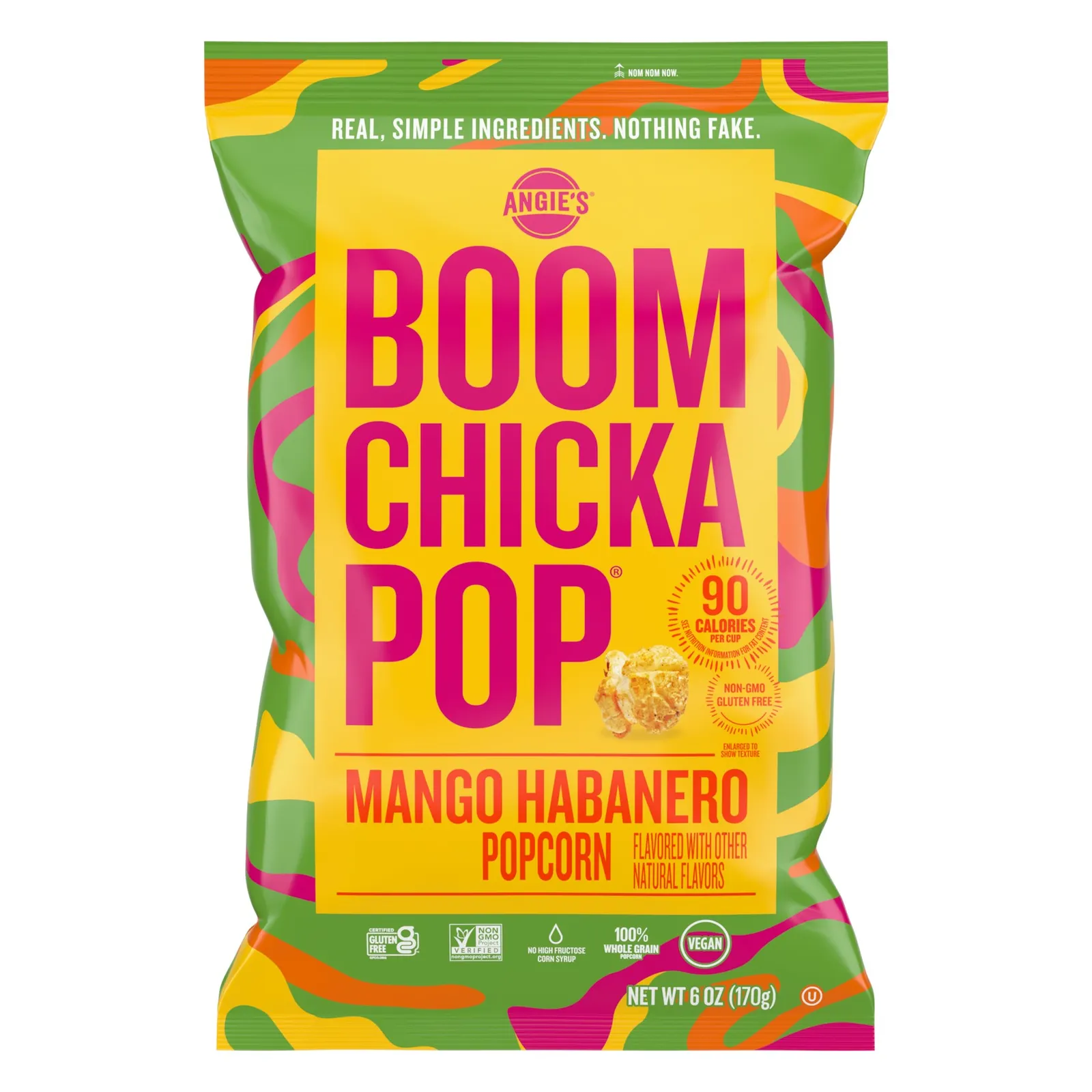 A bag of popcorn with a yellow label and green, orange, purple and yellow bag. Text on the bag says Angie's Boomchickapop mango habanero popcorn. Flavored with other natural flavors. Real simple ingredients. Nothing fake.