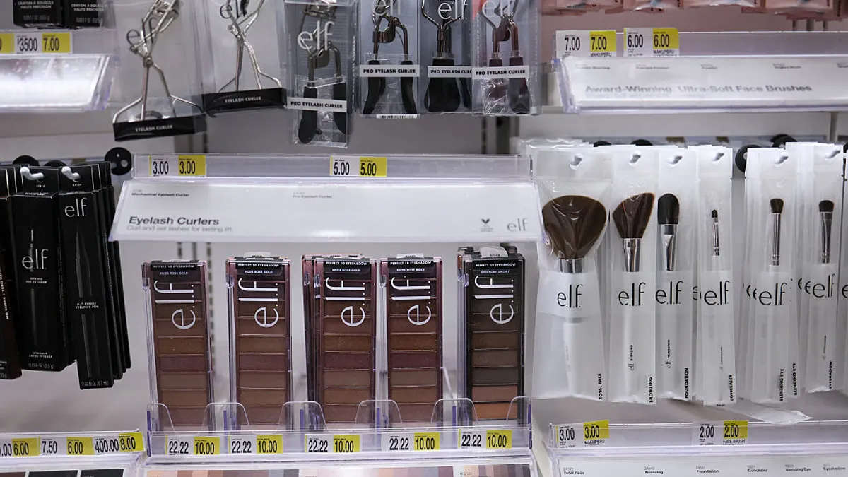 Makeup on display at a retail store.