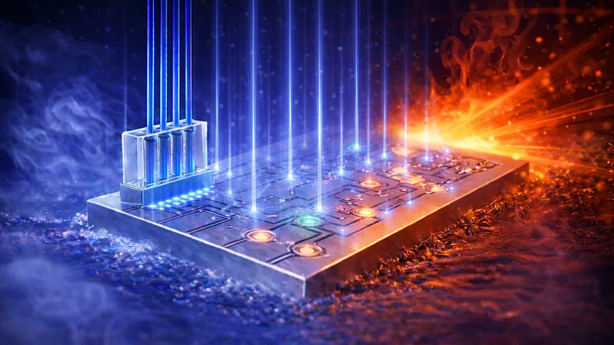 Illustration of a photonic integrated circuit, with components bonded using a technique that enables the circuit to survive and operate in extreme environments.