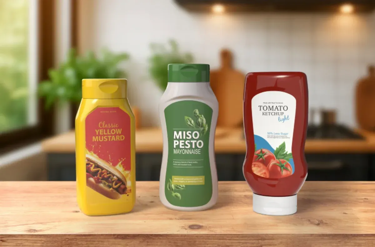 Three different squeezable condiment bottles, one for yellow mustard, another for mayonnaise, and one for ketchup.